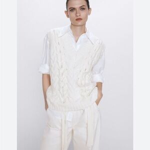 Zara Cable Knit Tie Detail Cream Sweater Vest Size Small Holiday Winter Preppy